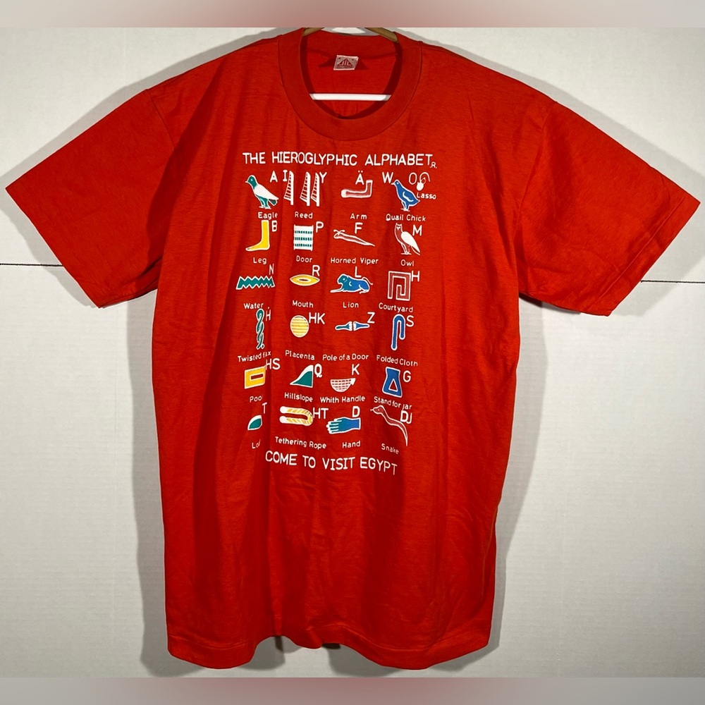 Vintage Egypt Egyptian Hieroglyphic Alphabet T Shirt Single Stitch Red Sz XL￼￼